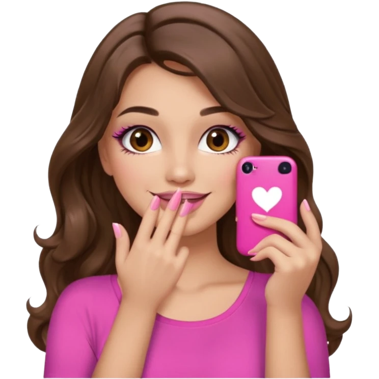 girl with long wavy brown hair, brown eyes, long lashes makeup, sexy pink lips, light to medium complexion, pink sexy top, smiling, hand covering mouth emoji