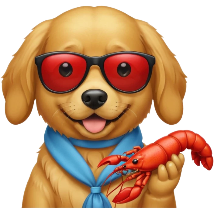 A dog holding a crawfish with sunglasses emoji