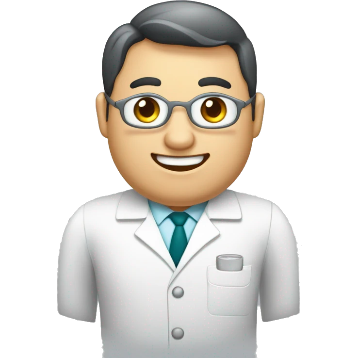 Crea un avatar de medio cuerpo de un dentista gordito con ojos grandes , cara fina, pelo cafe , ojos grises, uniforme blanco emoji