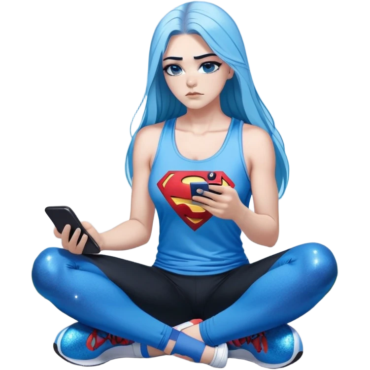 Shameful disappointed crying-very very very very big chest-texting on a samsung cell phone-very long straight flowing black to sky blue hair ombre-blue eyes-black eyeliner-long eyelashes-plastic sparkling sky blue very low cut tank top with sparkling superman logo-black leggings-nike sneakers emoji