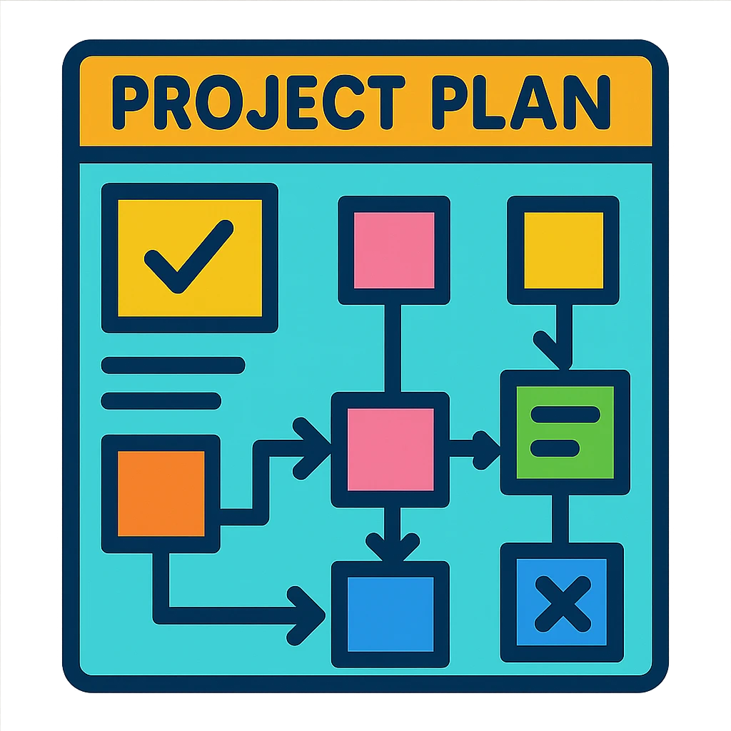 vibrant cartoon style project plan with sticky notes and arrows emoji