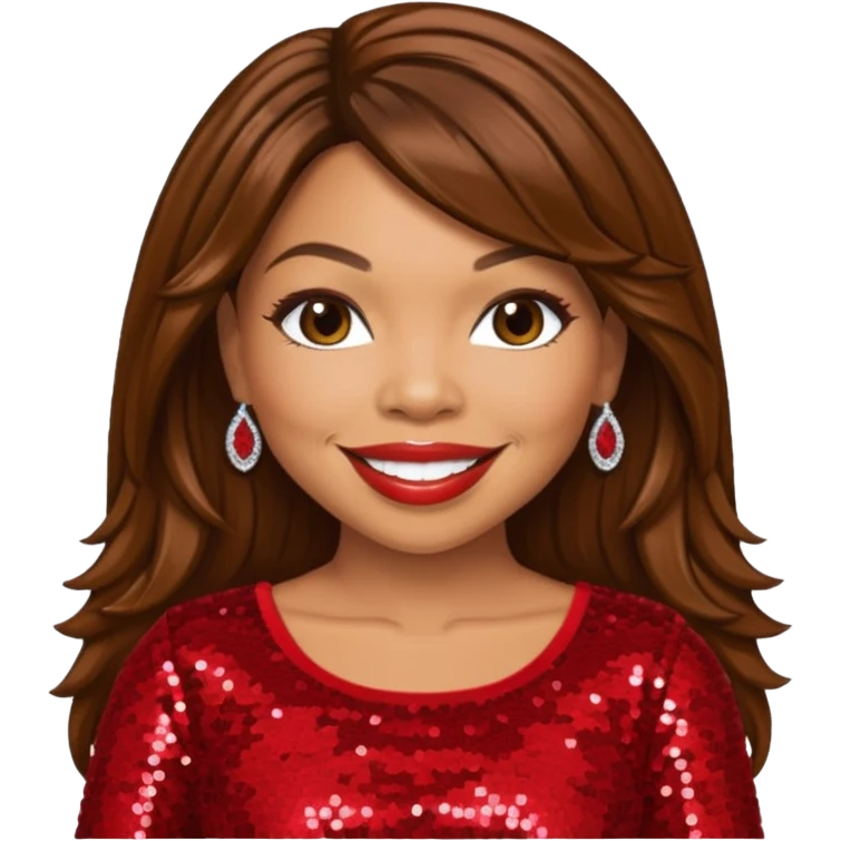 Tisha Campbell with long brown hair, red sequin outfit  emoji