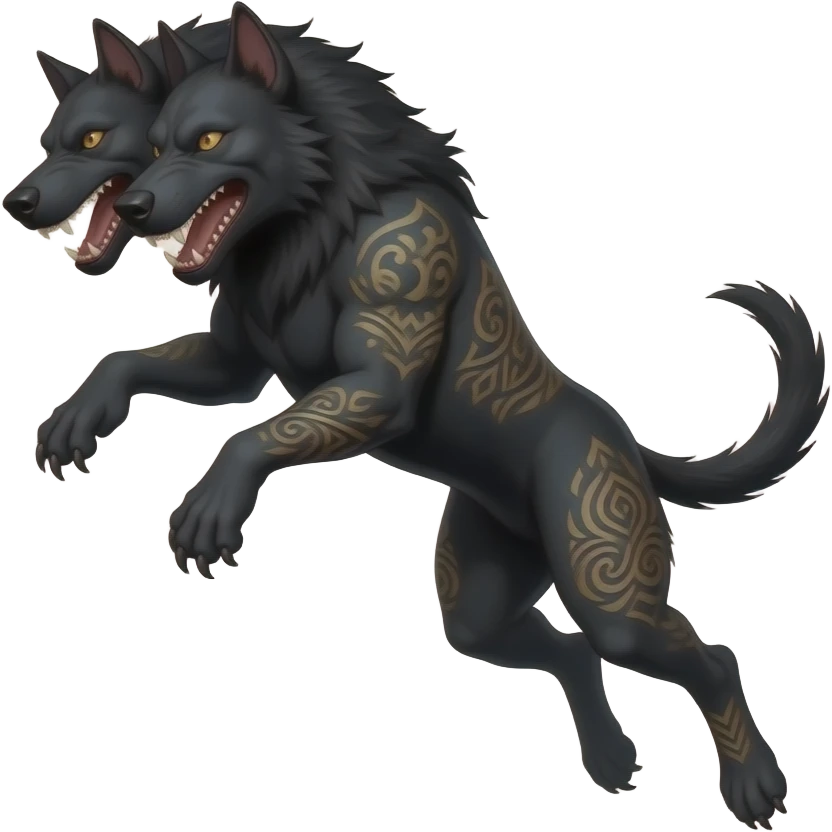 cinematic - cerberus, a three-headed creepy black hellhound in a jump, in smoke, tattooed emoji