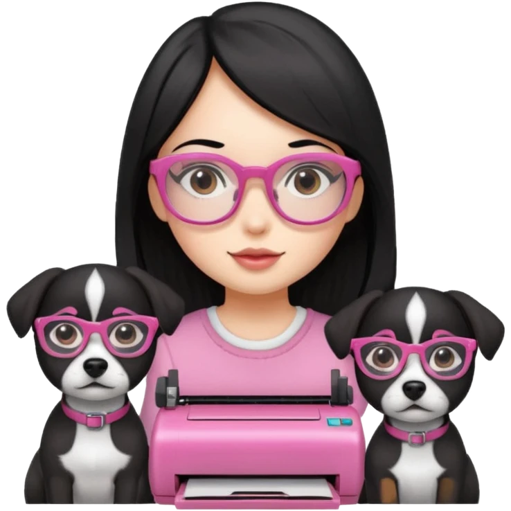 Una chica con pelo negro y lentes rosados, con una impresora negra y dos perras, la primera de color marron y la otra negra emoji