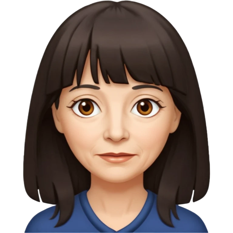 60 yr old woman, small brown eyes, long dark hair, bangs,  emoji