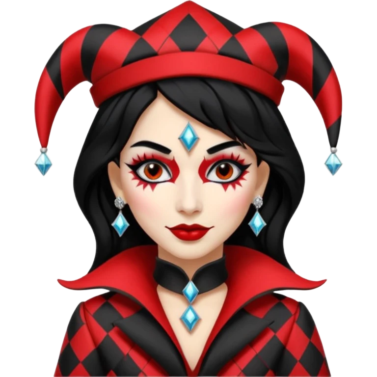 Jester woman, black and red suit, black hair, white and black make up emoji
