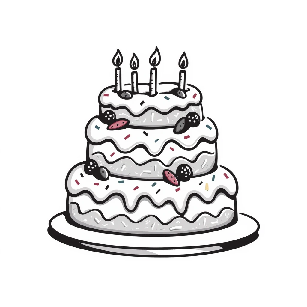 Decorated cake with multiple layers, frosting, and decorative elements. Using specific pastel colors (dd9fb0, ffc6d3, a3bfc9, c4bee2, f1b091). Hand-drawn doodle style with intricate details of icing, sprinkles, and possibly candles or berries. Transparent background. emoji