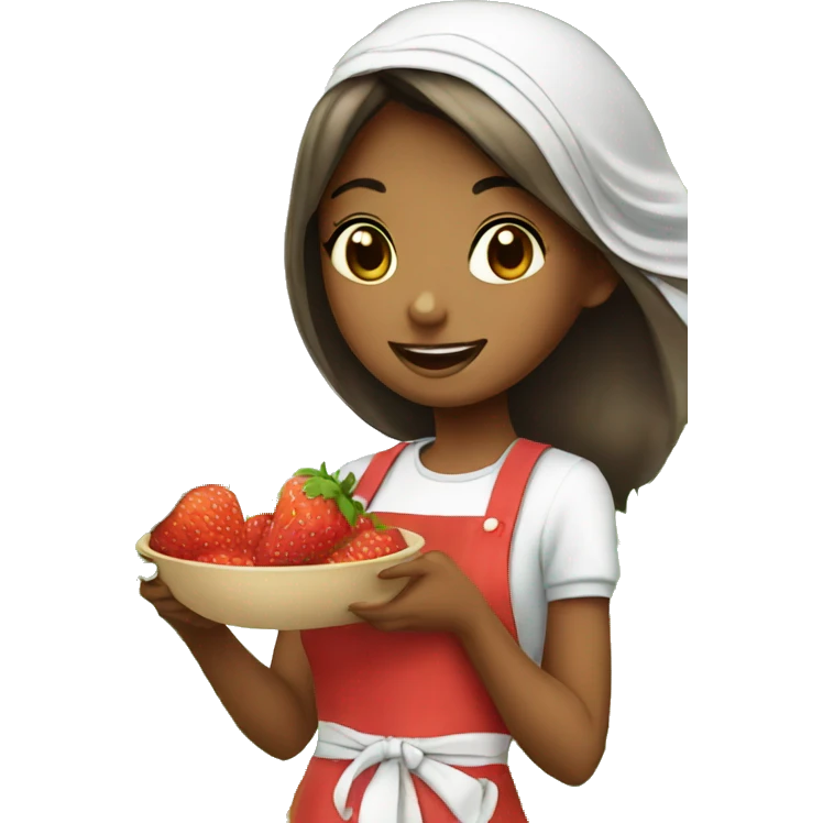 Girl eating a strawberry wearing apron the girl should wear an abaya  emoji