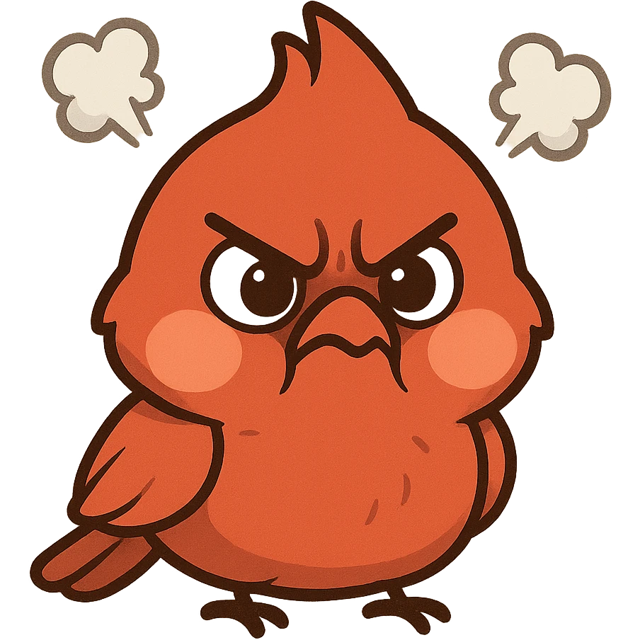 Chibi red male cardinal frowning with puffed cheeks and furrowed brows, steam puffs above head, angry but cute emoji. emoji