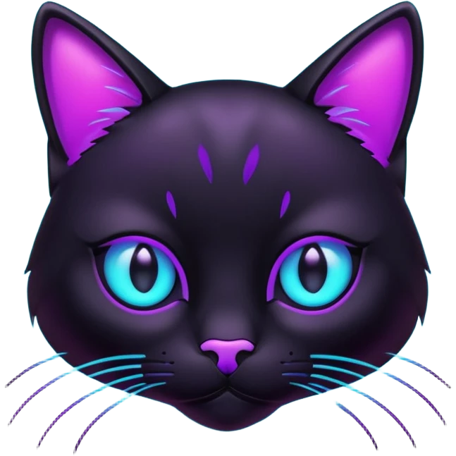 futuristic glowing black cat emoji, neon cyan eyes, purple #8B5CF6 highlights, tech minimal style, dark background emoji
