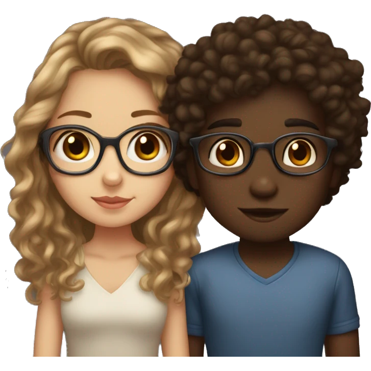 A light skinned girl with brown eyes, long light brown hair and glasses who is KISSING ON LIPS a dark skinned boy with brown eyes and curly hair emoji