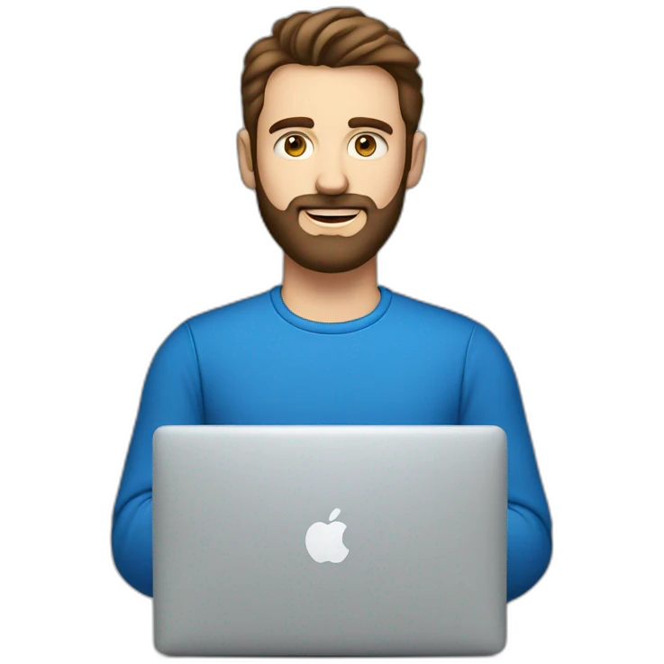 man with brown hair, blue eyes, a fine beard, wearing a f1-shirt working with a macbook emoji