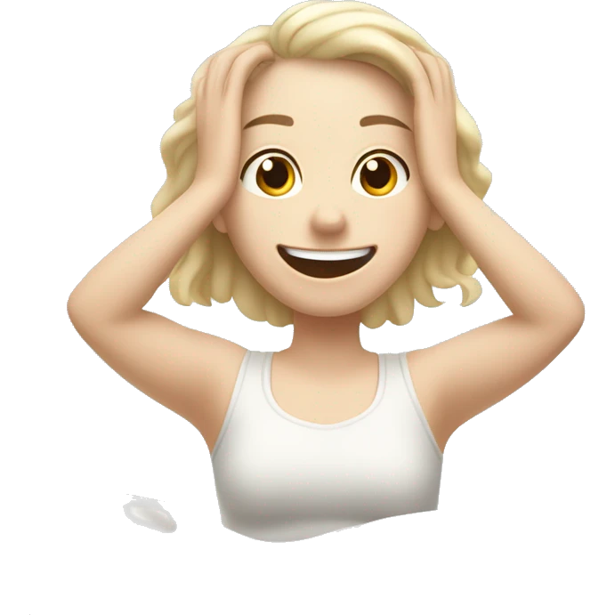 Happy pale girl wakes up in bed and stretches hands up in the air  emoji