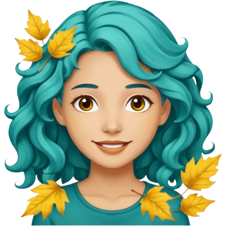 A woman with wavy teal hair decorated with yellow leaves, looking forward with a gentle smile. emoji
