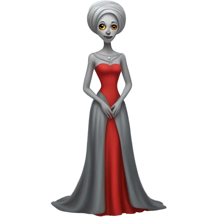 a gray alien woman, full body, in red Romanov dress emoji