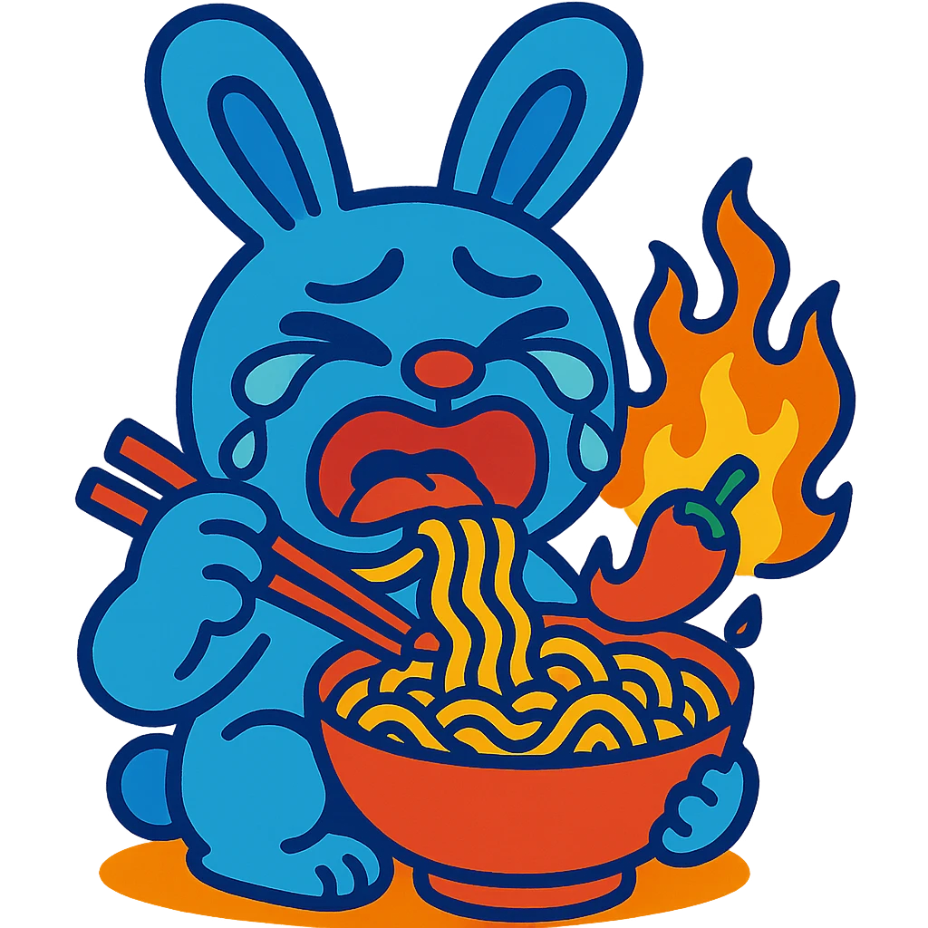 blue bunny crying while eating spicy ramen, vibrant-toon style emoji
