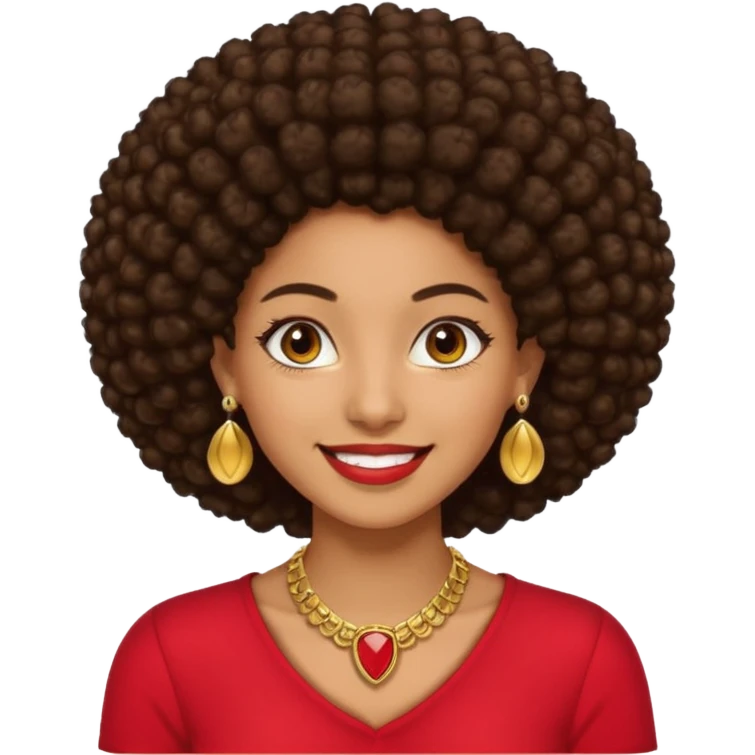 Brownskin girl dark brown hair afro brown eyes smiling red shirt gold esrrings gold necklace emoji