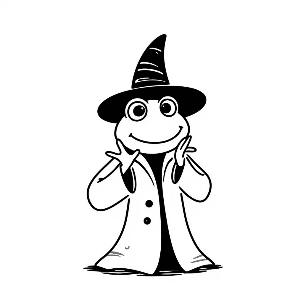 frog wizard shrugging, hand-drawn doodle, whimsical, black lines emoji
