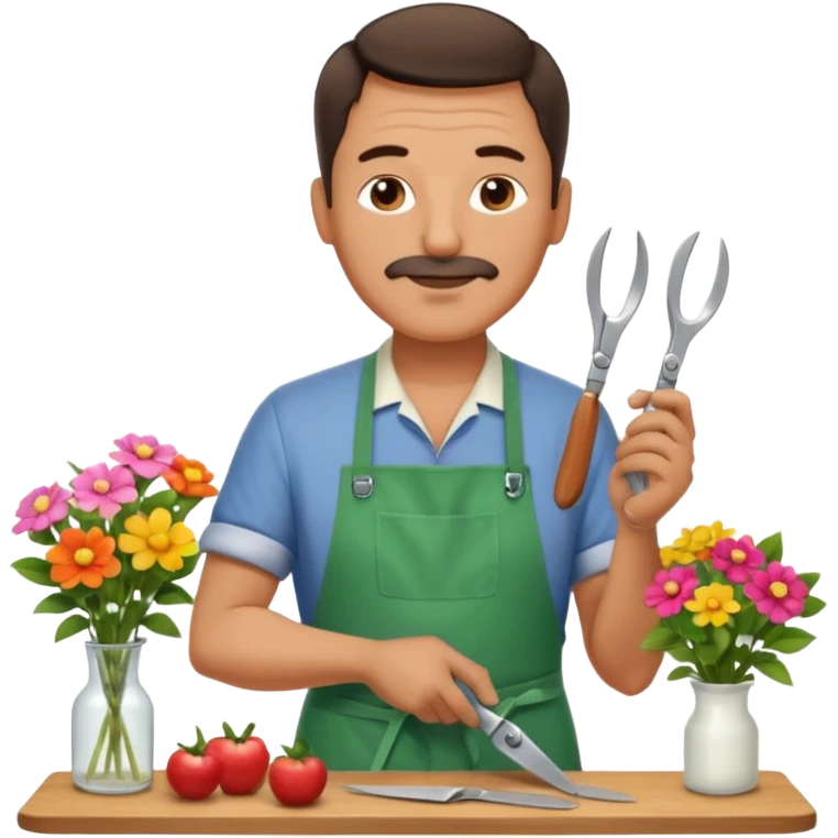 Middle-aged male florist – apron on, trimming stems with scissors emoji