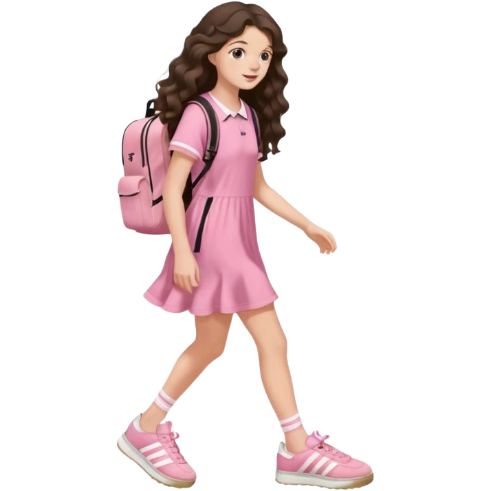 aestethic brunette very,very,very long wavy hair walking with a school backpack (no brand) with a cute pink dress, adidas samba shoes emoji