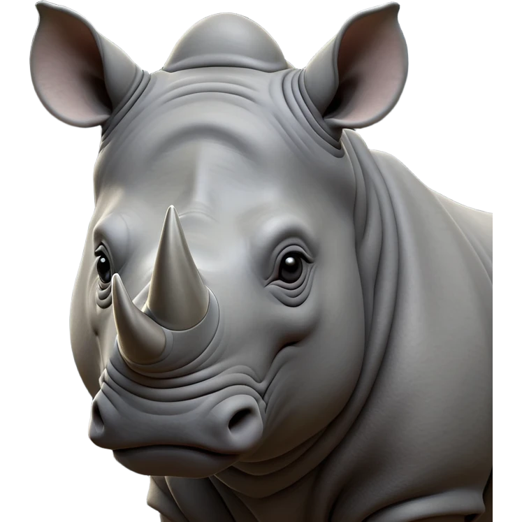 cinematic-noble--rhinoceros-portrait-emoji,slate-grey-hide--poised-and-regal,-with-a-massive,-powerful-build-and-a-thick, -deep-set-soulful-piercing-eyes,-simplified-yet-sharp-and-sophisticated-features,-highly-detailed,-large-black-eyes, zoomed out showing shoulders, large white horn  emoji