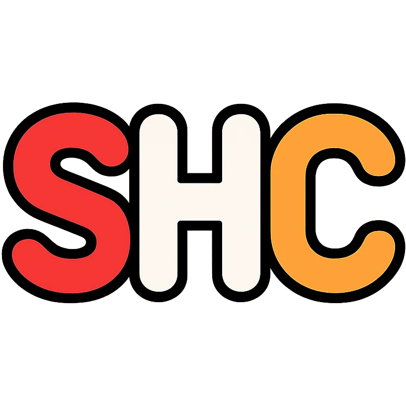 rounded playful style letters SHC with S in red, H in white, C in orange emoji
