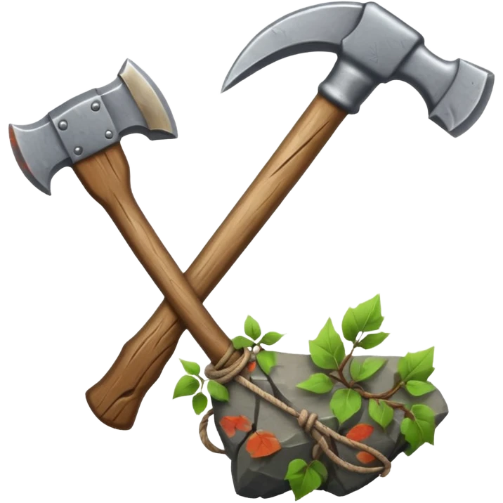 A sharp stone axe with wooden handle tied by vines.





 emoji