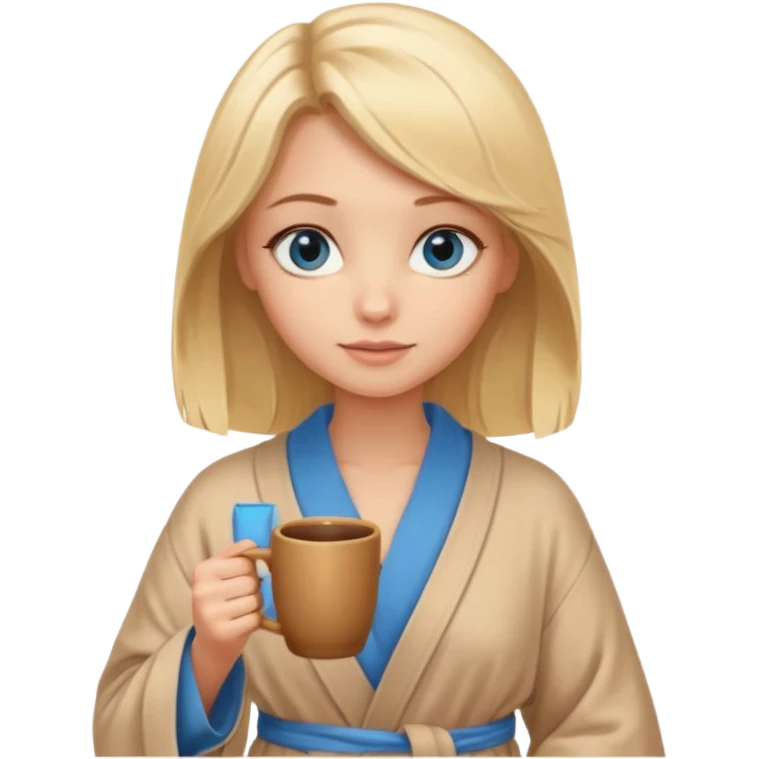 cozy blonde girl with middle length hair and blue eyes holds a brown cup in beige  robe emoji