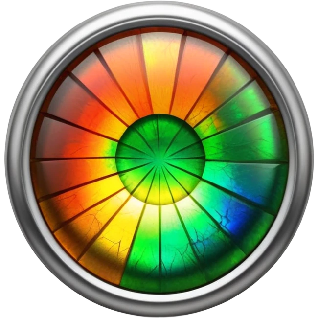 extra close-up round cut ammolite gemstone with holographic shine, silver metal accent, elegant and vibrant emoji