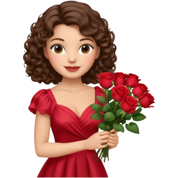 beautiful female memoji, brunette with soft curls, holding a bouquet of roses, wearing a silk dress, gentle smile, romantic vibe emoji
