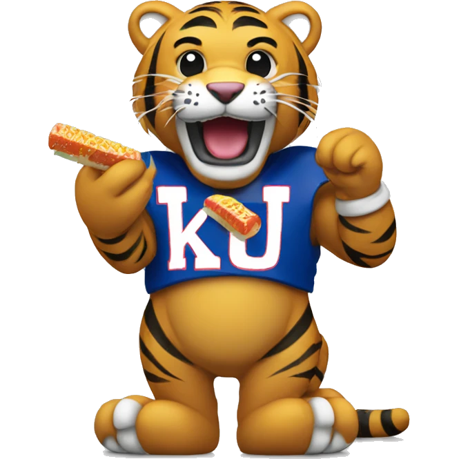 Mizzou tiger chewing on a KU chew toy emoji