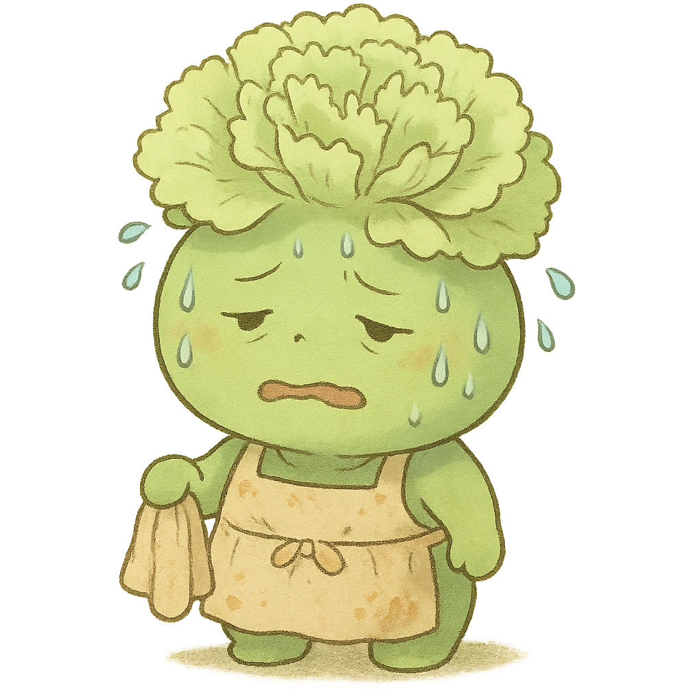 light green carnation flower with a messy apron and exhausted face, sweat dripping, holding a cleaning rag, super round chibi style, soft ghibli style emoji