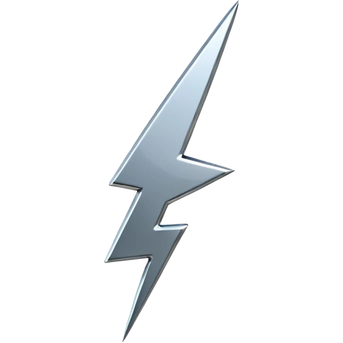 A lightning bolt emoji made of polished silver chrome, sharp yet rounded edges, glossy metallic surface, soft reflections, minimal futuristic design, iOS emoji style, centered, clean white background emoji