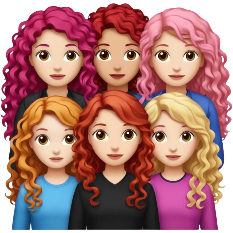 5 girls, one curly redhead, one with brunette dyed blonde hair, one long haired wavy brunette, one mid-length haired brunette, and one black haired girl with partially dyed bright red/pink hair emoji