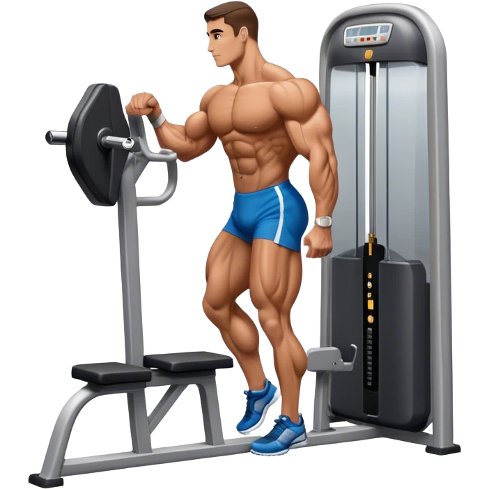 side-view bodybuilder using gym calf-raise machine emoji