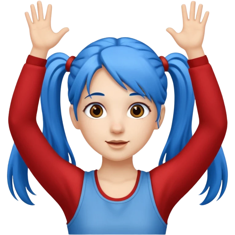 long blue hair girl in pig tails with brown eyes arms up celebrating emoji