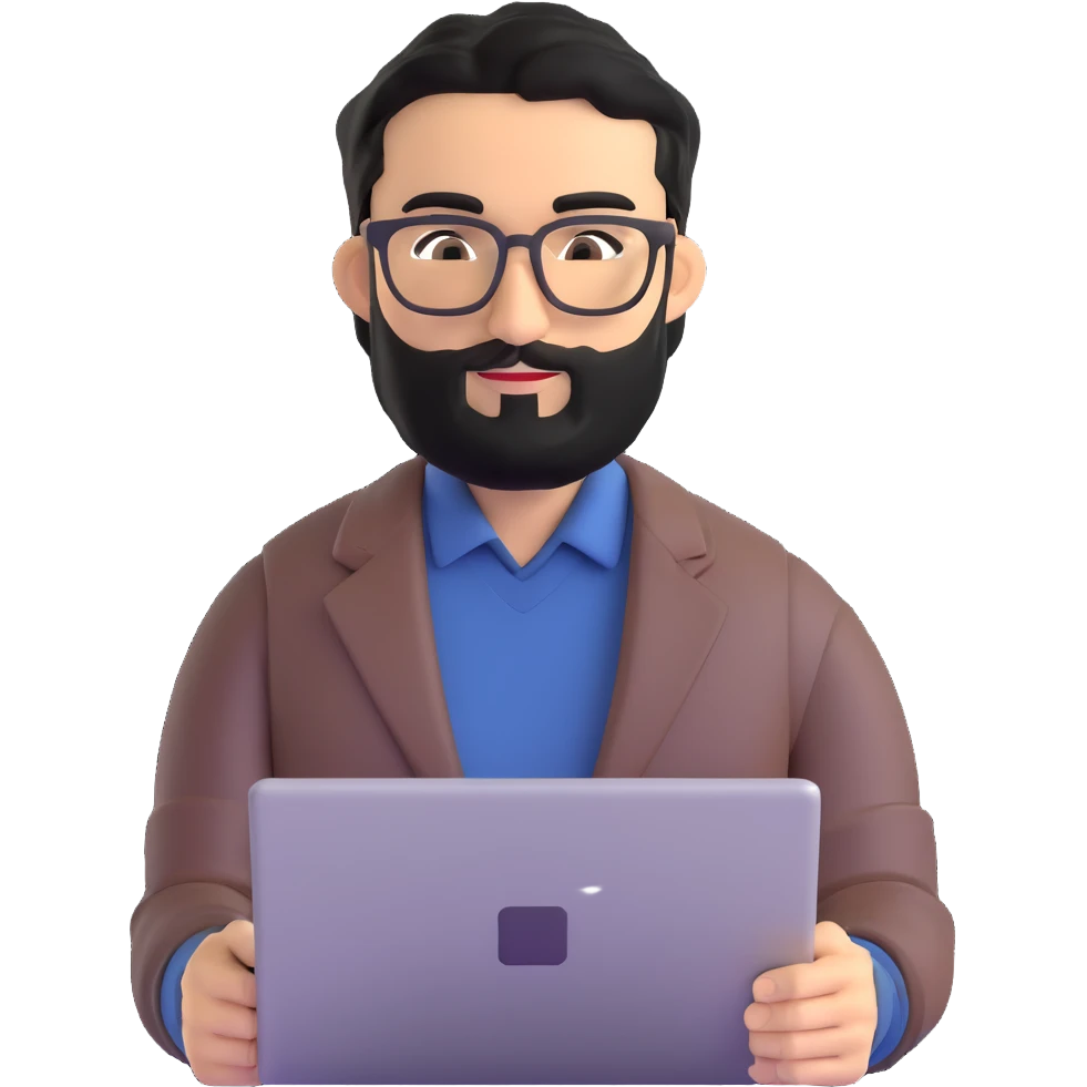 neat well-groomed man with medium black beard, tidy black hair, connected unibrow, olive tan skin, brown eyes, stylish glasses, prominent nose, wearing crisp clean casual business attire, professionally holding a laptop emoji