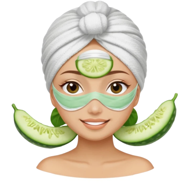 girl with her hair in a towel turban and a faks mask on and cucumber slices over her eyes at a spa emoji