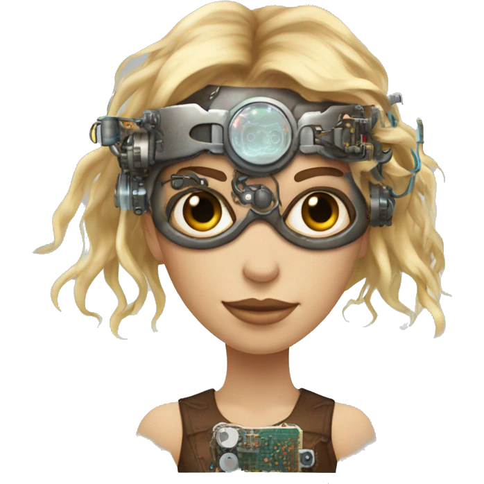 Brown long hair with blonde steaks female cyborg head, fair skin, steampunk goggles and circuits emoji