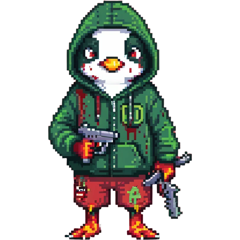A cute half-dolphin half-penguin thug with a gun, green hoodie with blood stains, wearing Dollar General shorts emoji
