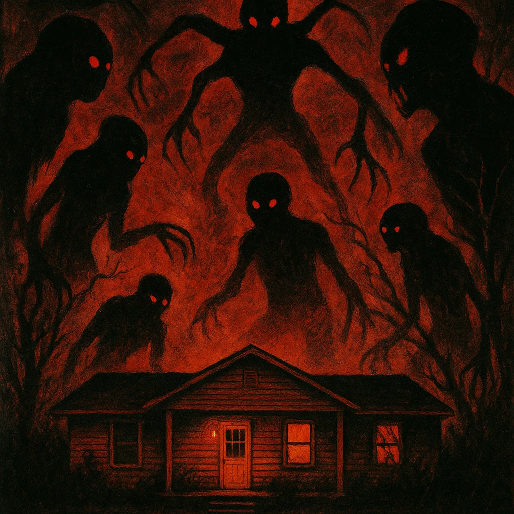 Stranger Things series horror poster style, the Byers house surrounded by shadowy monsters, ominous and creepy mood emoji