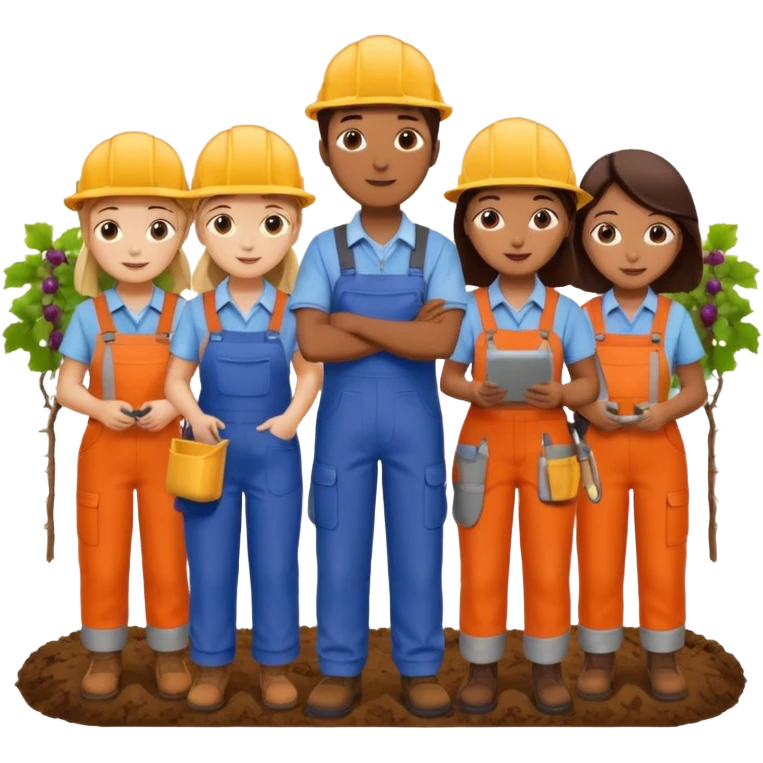 Make a photo of 5 project managers, specificly 3 girls and 2 boys, that are making project for improvment of the vineyard emoji