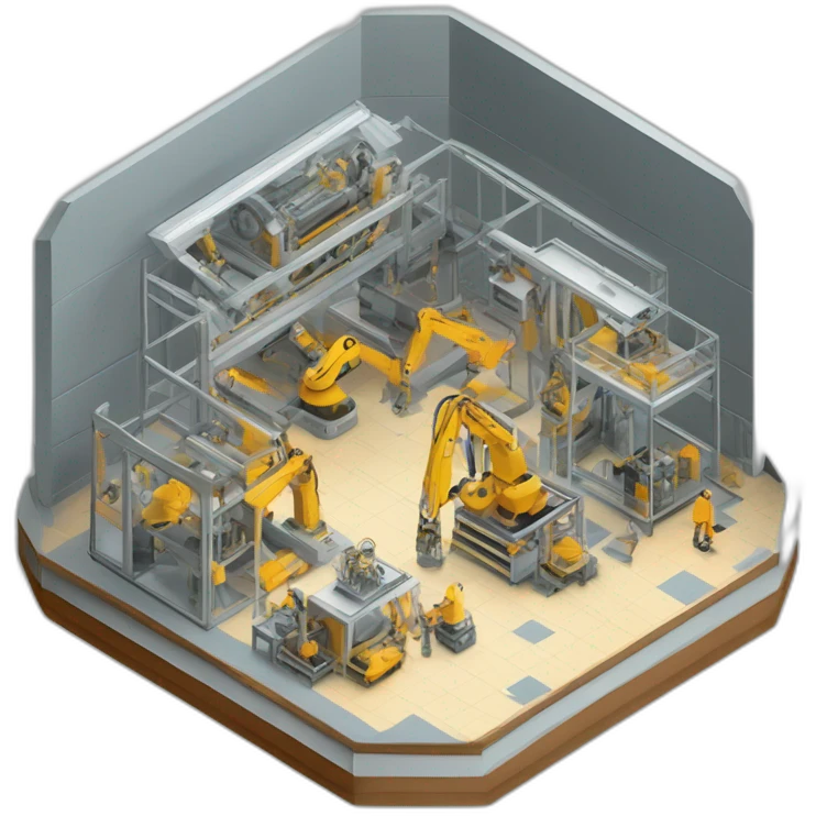 isometric square solid outline border containing indoor creative factory structure people active working machine tools simple clean #edc31b emoji