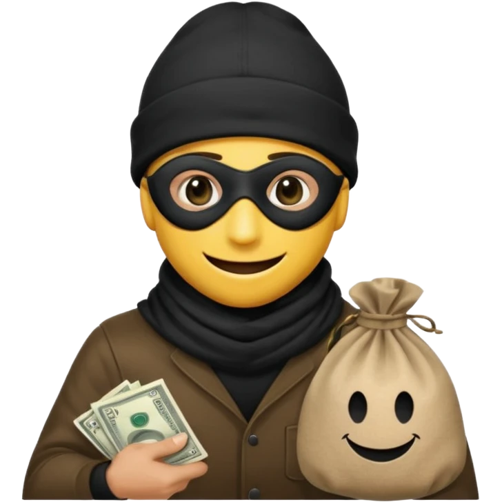 smiley robber wears black eye mask and black beanies with one money bag beside him emoji