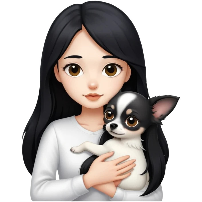Fair skin girl - long black hair - white clothes - hugging a black long hair chihuahua emoji