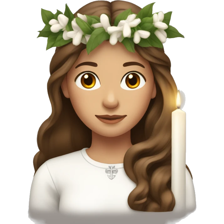 brown long haired women with white round neck shirt and spur wreath the head white candle on top of the wreath emoji