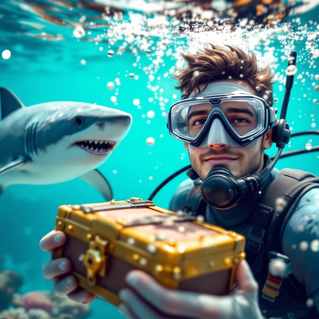 portrait, closeup, 3D, symmetrical, fortnite art style, diver holding chest underwater, happy shark swiming around him, blue crystal water, sunny day emoji