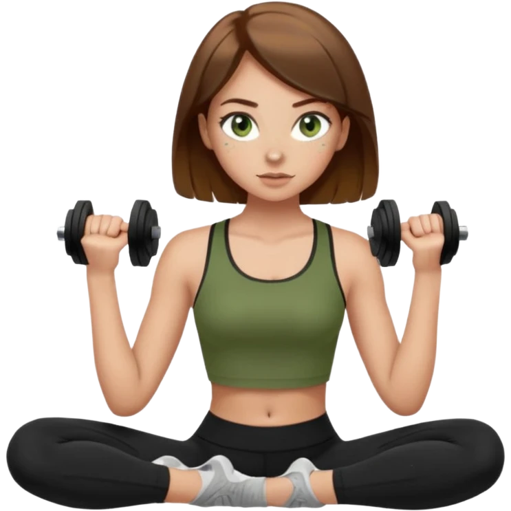Girl with green eyes, brown hair that goes to her elbows, light skin, and freckles wearing an olive green crop top with black leggings working out, she has light gorgeous lashes emoji