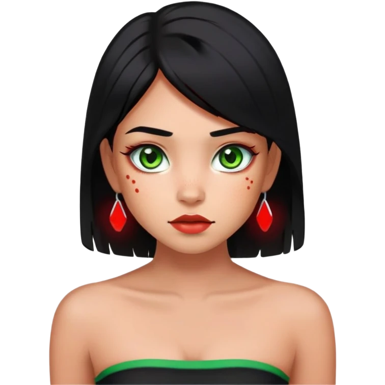 Girl with green eyes. Black hair with red perk-a-boo underlights and frontlights. Medium long hair. Black strapless crop top. Skinny face with birthmark under left cheek. emoji