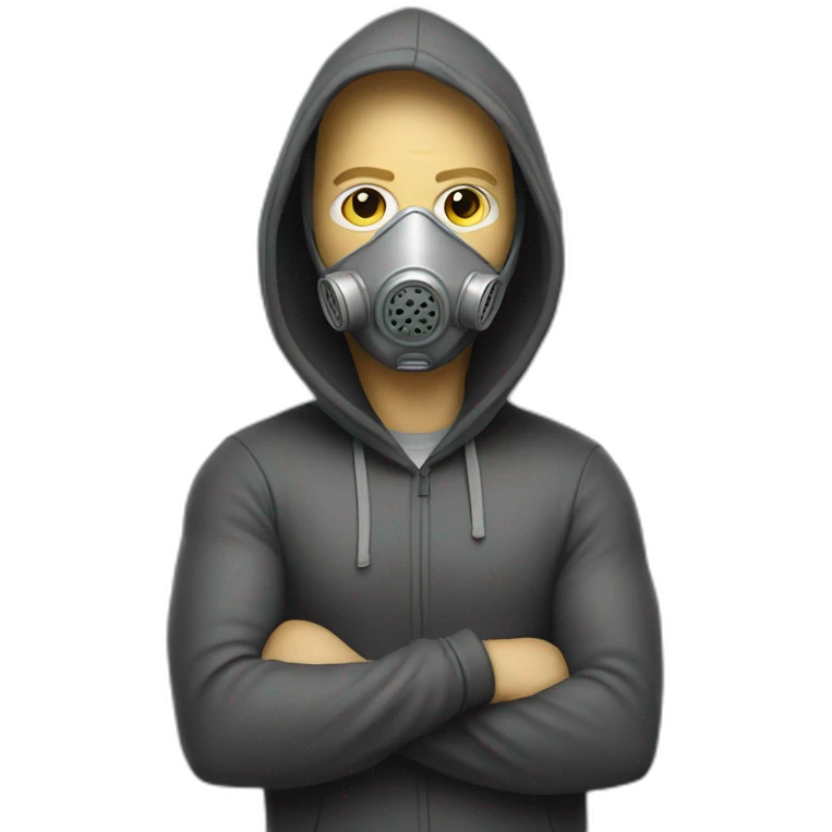 white man with hoodie and gas mask crossing arms with airbrush emoji